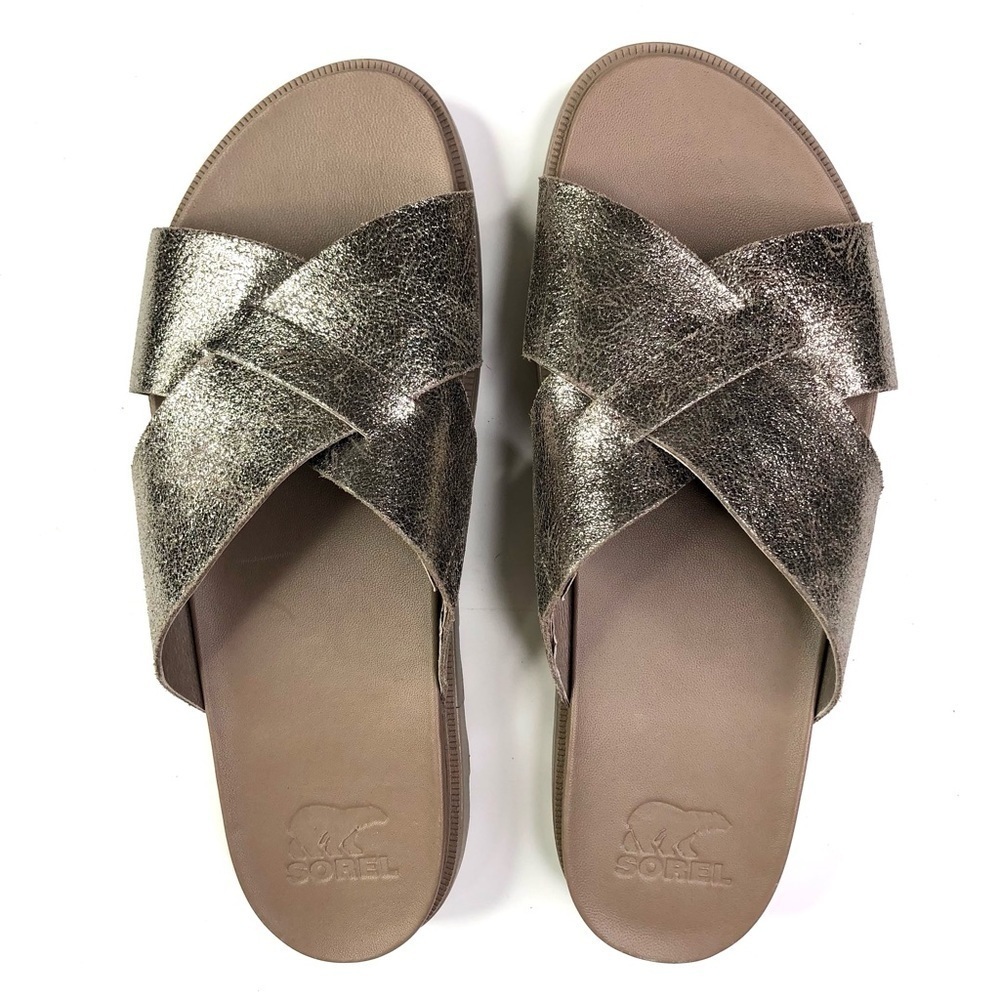 Sorel Roaming criss cross slides sandals crackle metallic silver like new 10 - Picture 6 of 10